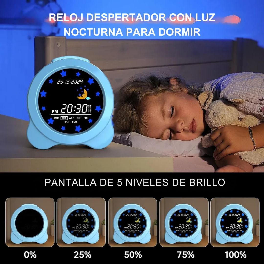 RELOJ DESPERTADOR PARA NIÑOS CON LUZ LED PANTALLA LCD A COLOR Y ENTRENADOR DE SUEÑO CON CABLE USB-C - 4
