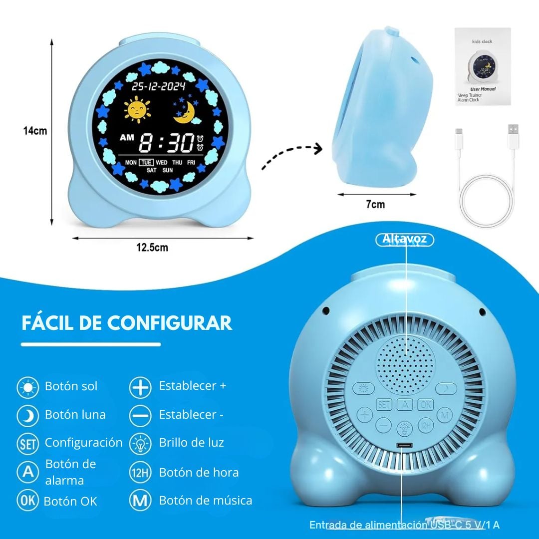 RELOJ DESPERTADOR PARA NIÑOS CON LUZ LED PANTALLA LCD A COLOR Y ENTRENADOR DE SUEÑO CON CABLE USB-C - 6