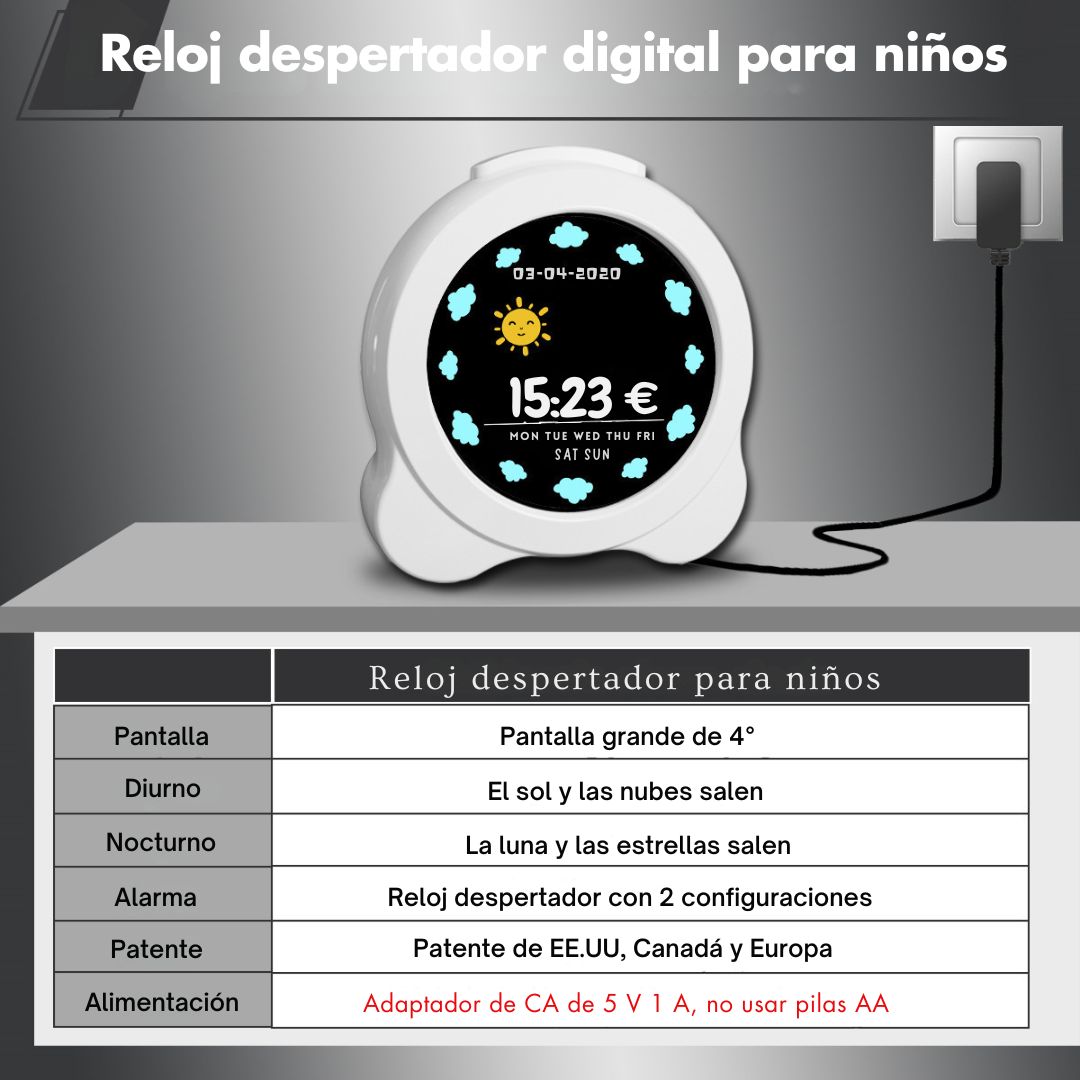 RELOJ DESPERTADOR PARA NIÑOS CON LUZ LED PANTALLA LCD A COLOR Y ENTRENADOR DE SUEÑO CON CABLE USB-C - 8