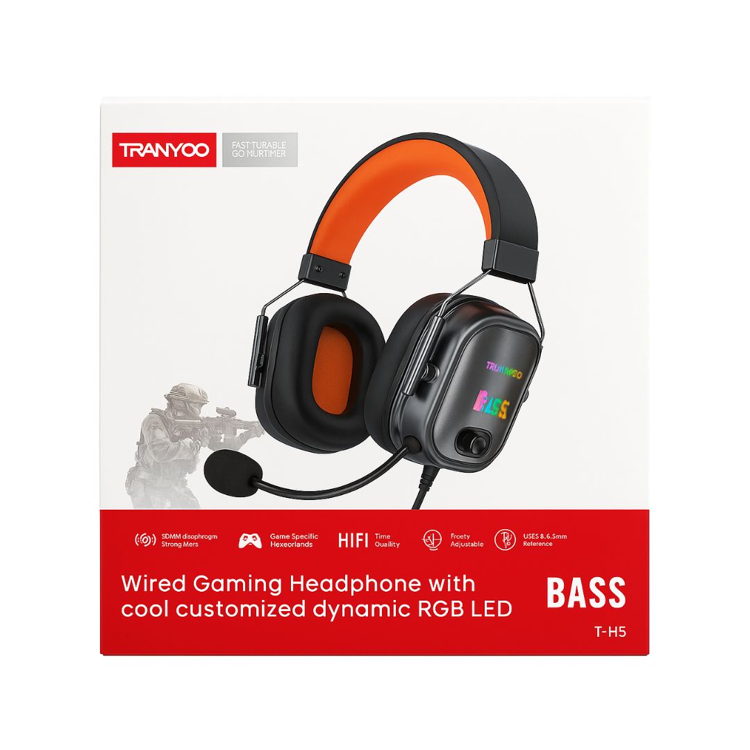 AUDÍFONOS GAMER TRANYOO T-H5 CON MICRÓFONO HD, GRAVES POTENTES, LUCES RGB Y CONEXIÓN 3.5 MM + USB - 2