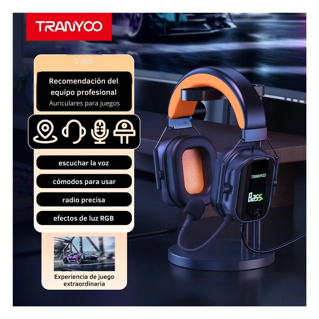 AUDÍFONOS GAMER TRANYOO T-H5 CON MICRÓFONO HD, GRAVES POTENTES, LUCES RGB Y CONEXIÓN 3.5 MM + USB - 3