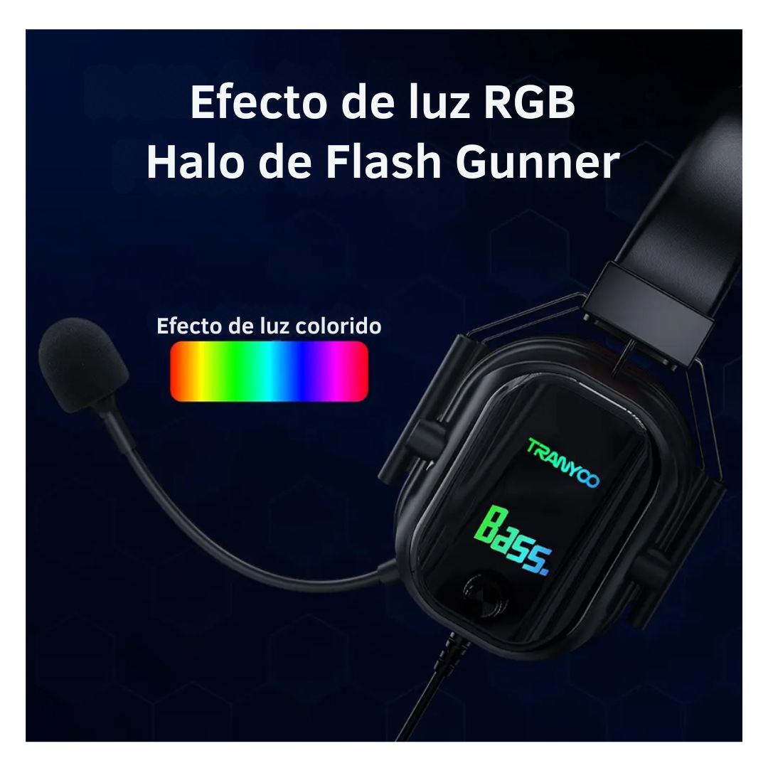 AUDÍFONOS GAMER TRANYOO T-H5 CON MICRÓFONO HD, GRAVES POTENTES, LUCES RGB Y CONEXIÓN 3.5 MM + USB - 5