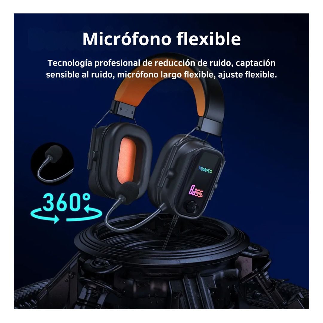 AUDÍFONOS GAMER TRANYOO T-H5 CON MICRÓFONO HD, GRAVES POTENTES, LUCES RGB Y CONEXIÓN 3.5 MM + USB - 6