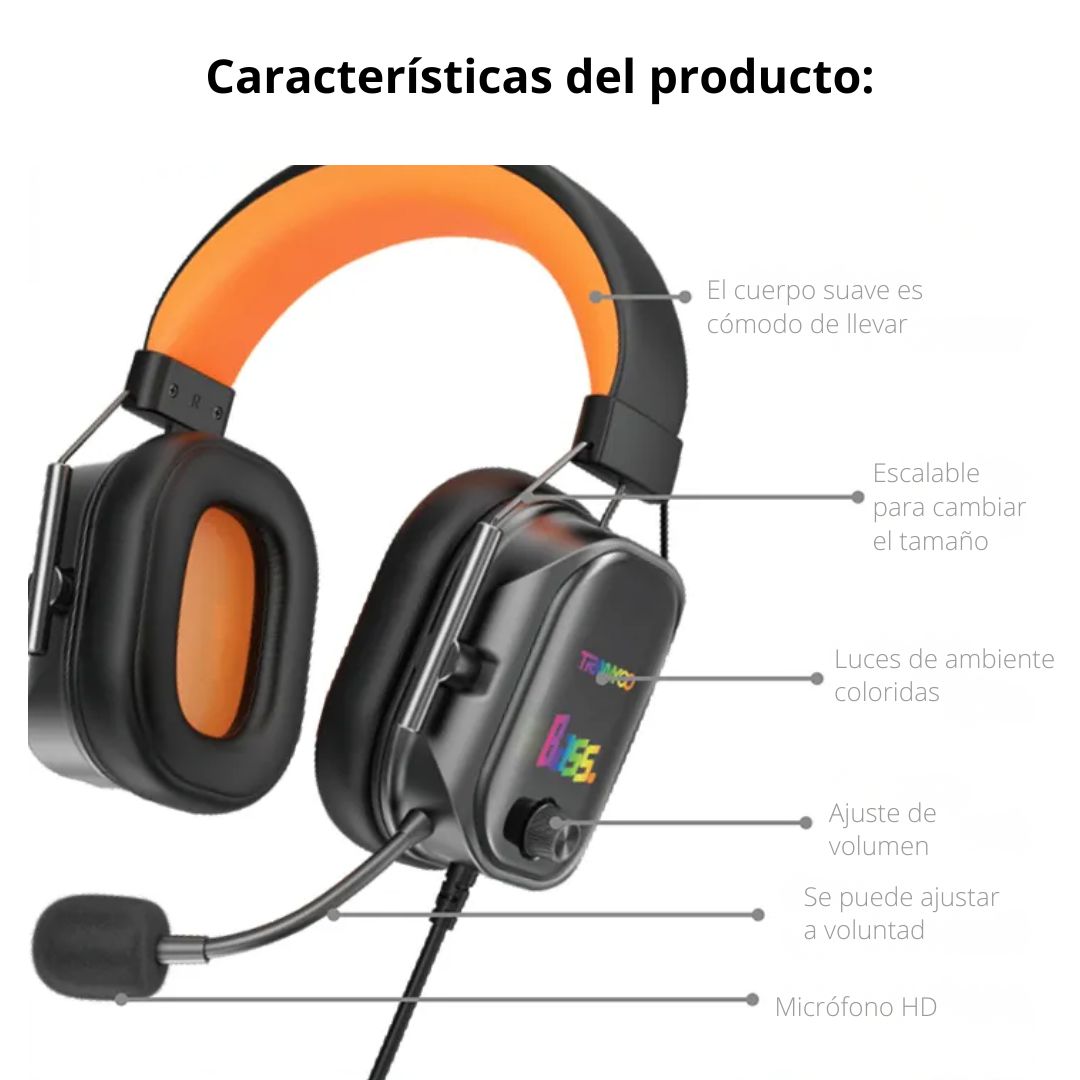 AUDÍFONOS GAMER TRANYOO T-H5 CON MICRÓFONO HD, GRAVES POTENTES, LUCES RGB Y CONEXIÓN 3.5 MM + USB - 7