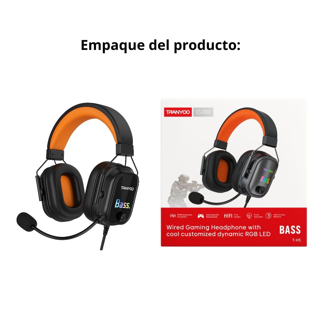 AUDÍFONOS GAMER TRANYOO T-H5 CON MICRÓFONO HD, GRAVES POTENTES, LUCES RGB Y CONEXIÓN 3.5 MM + USB - 8