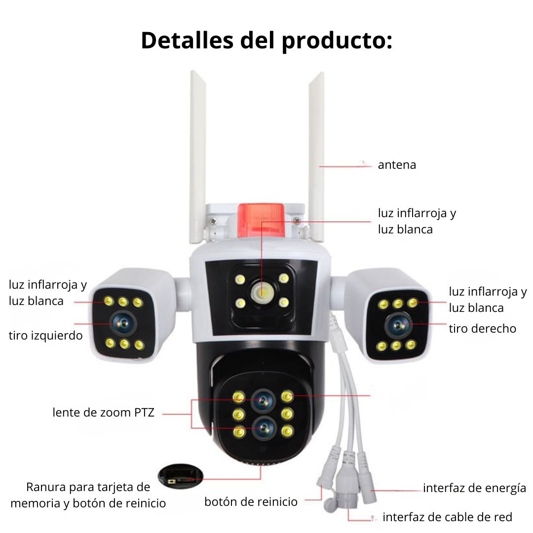 CÁMARA DE SEGURIDAD WIFI PTZ 360° FULL HD CON TRIPLE LENTE ZOOM 10X VISIÓN NOCTURNA COLOR Y SIRENA - 6