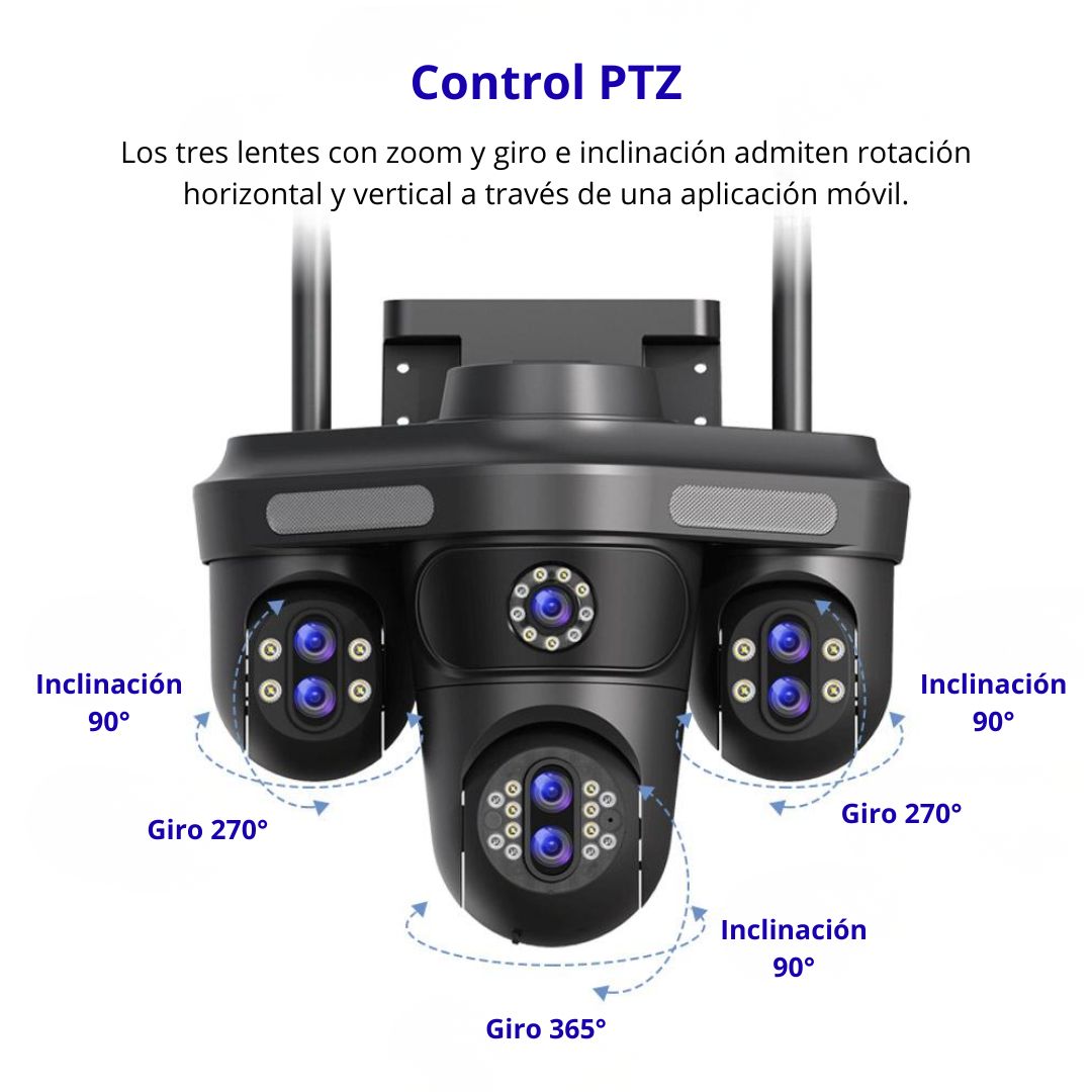 CÁMARA DE SEGURIDAD WIFI PTZ 360° TRIPLE LENTE UHD CON ZOOM 10X VISIÓN NOCTURNA AUDIO Y SIRENA - 2