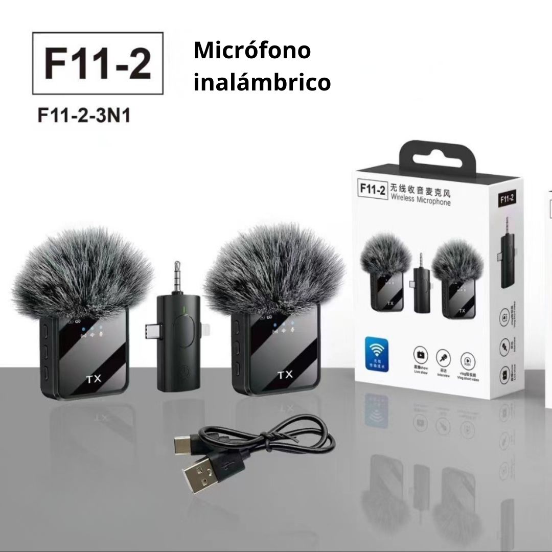 MICRÓFONO INALÁMBRICO DE SOLAPA DOBLE F11-2 CON 2 TX Y RECEPTOR TIPO C, LIGHTNING Y JACK 3.5 MM - 7