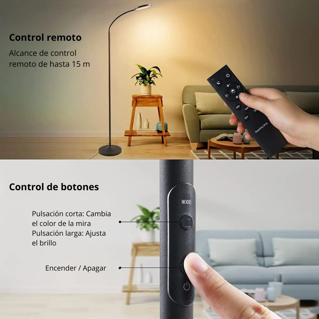 LÁMPARA DE PIE LED REGULABLE CON CONTROL REMOTO LUZ CÁLIDA Y FRÍA CUELLO FLEXIBLE Y DISEÑO MODERNO - 6