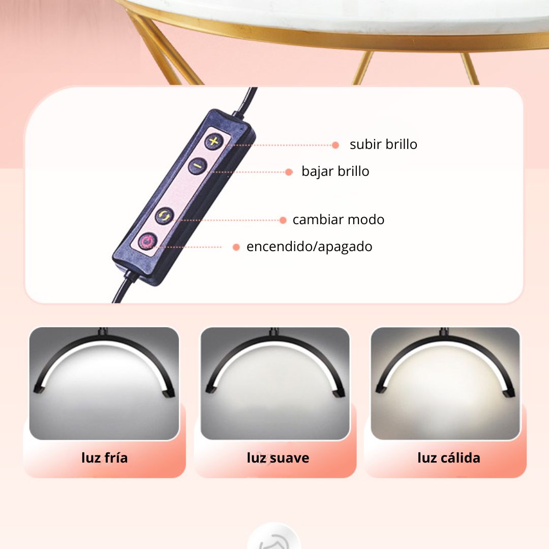 LÁMPARA LED PROFESIONAL MEDIA LUNA CON BRAZO ARTICULADO, 3 COLORES Y BRILLO AJUSTABLE PARA ESTÉTICA - 4