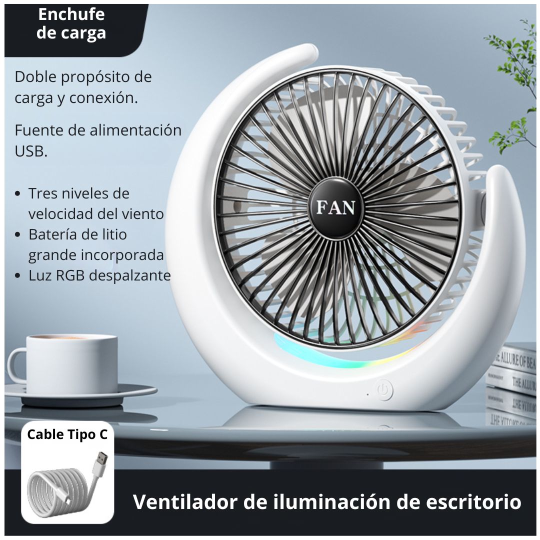VENTILADOR DE ESCRITORIO RGB TIPO LUNA SILENCIOSO CON 3 VELOCIDADES AJUSTABLES Y LUZ AMBIENTAL - 2