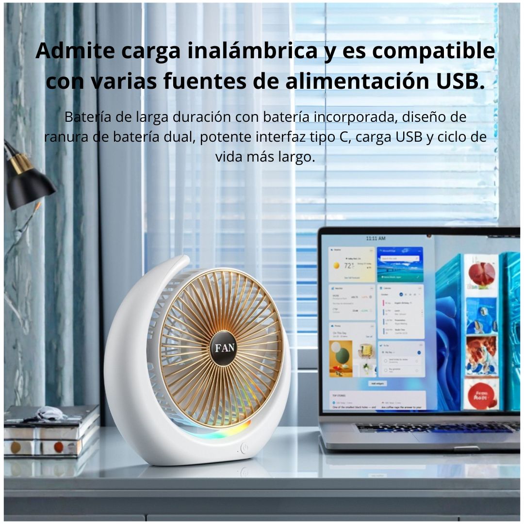 VENTILADOR DE ESCRITORIO RGB TIPO LUNA SILENCIOSO CON 3 VELOCIDADES AJUSTABLES Y LUZ AMBIENTAL - 6