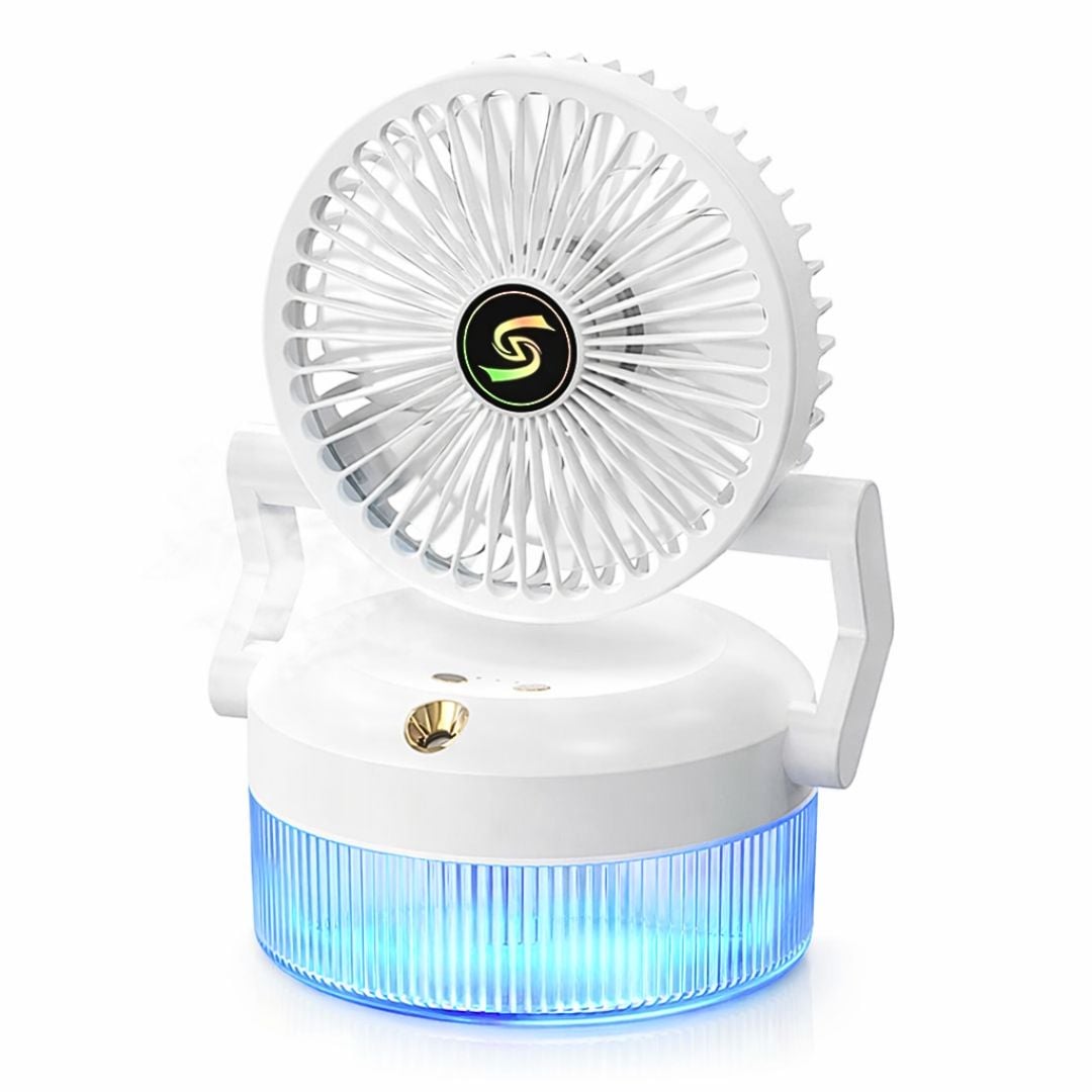 VENTILADOR DE ESCRITORIO CON HUMIDIFICADOR NANO Y LUZ AMBIENTAL, 3 VELOCIDADES Y CARGA TIPO C - 1