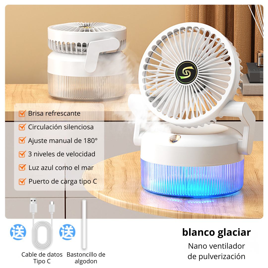 VENTILADOR DE ESCRITORIO CON HUMIDIFICADOR NANO Y LUZ AMBIENTAL, 3 VELOCIDADES Y CARGA TIPO C - 2