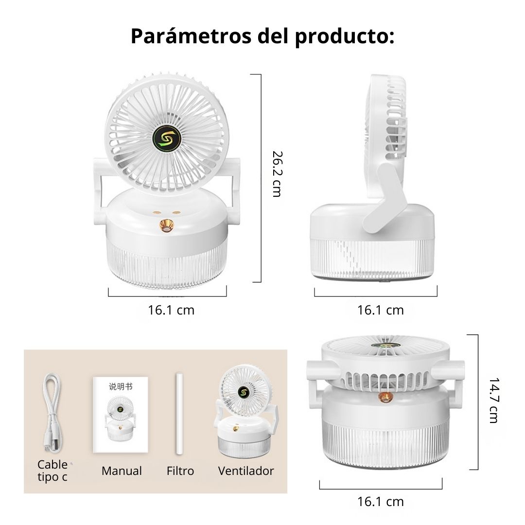 VENTILADOR DE ESCRITORIO CON HUMIDIFICADOR NANO Y LUZ AMBIENTAL, 3 VELOCIDADES Y CARGA TIPO C - 8