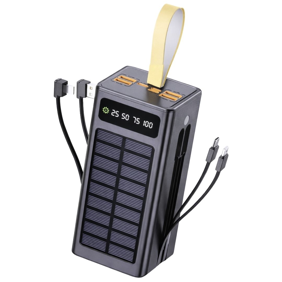 POWER BANK SOLAR 50000 MAH CON CARGA RÁPIDA PD 22.5W, CABLES INTEGRADOS TIPO C Y LIGHTNING - 1