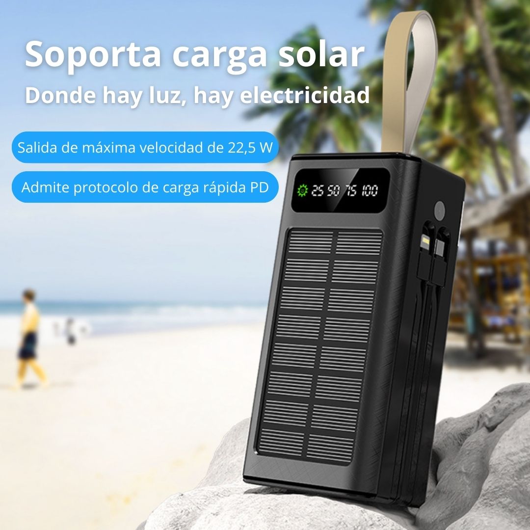 POWER BANK SOLAR 50000 MAH CON CARGA RÁPIDA PD 22.5W, CABLES INTEGRADOS TIPO C Y LIGHTNING - 2