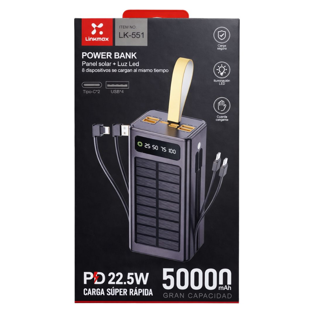 POWER BANK SOLAR 50000 MAH CON CARGA RÁPIDA PD 22.5W, CABLES INTEGRADOS TIPO C Y LIGHTNING - 7