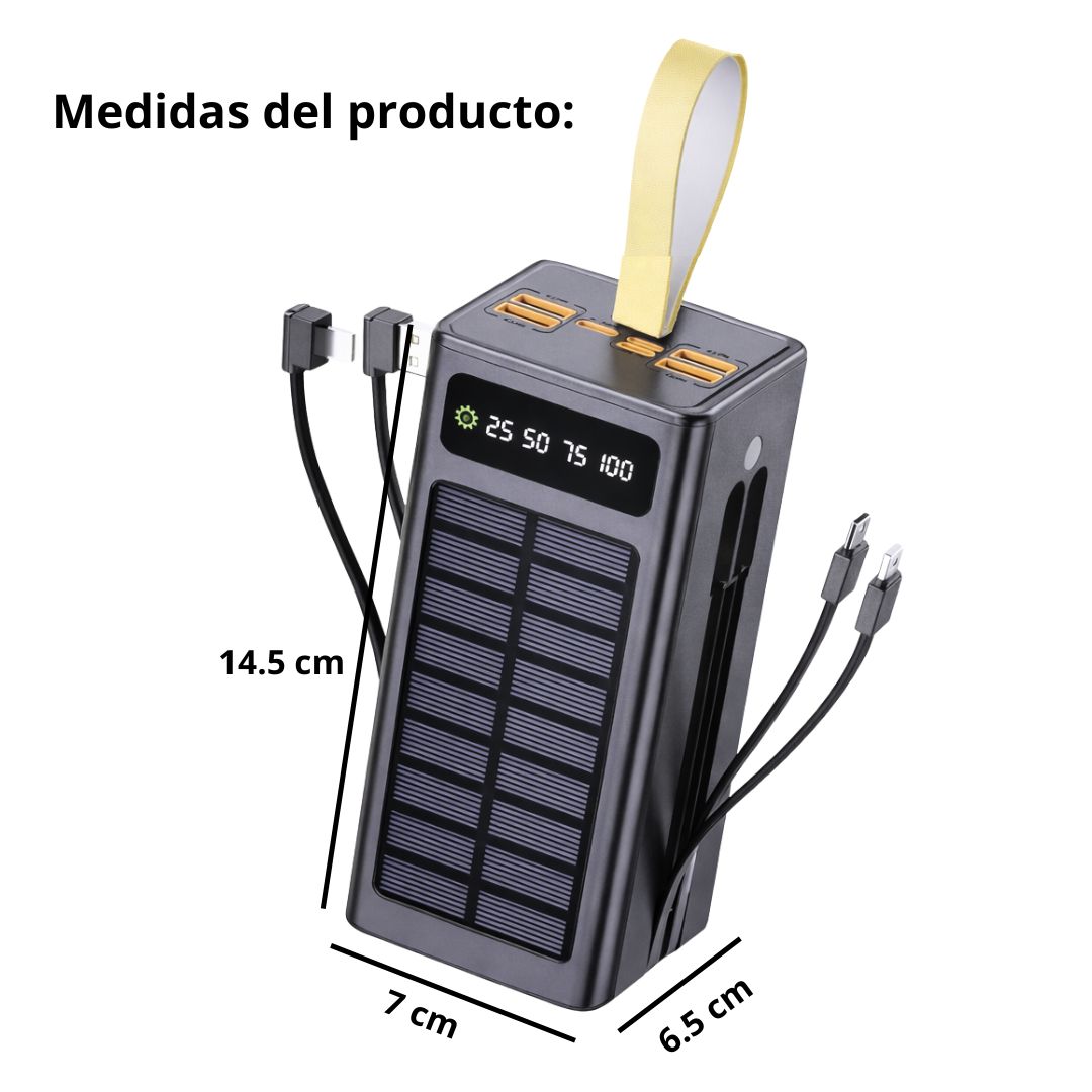 POWER BANK SOLAR 50000 MAH CON CARGA RÁPIDA PD 22.5W, CABLES INTEGRADOS TIPO C Y LIGHTNING - 8