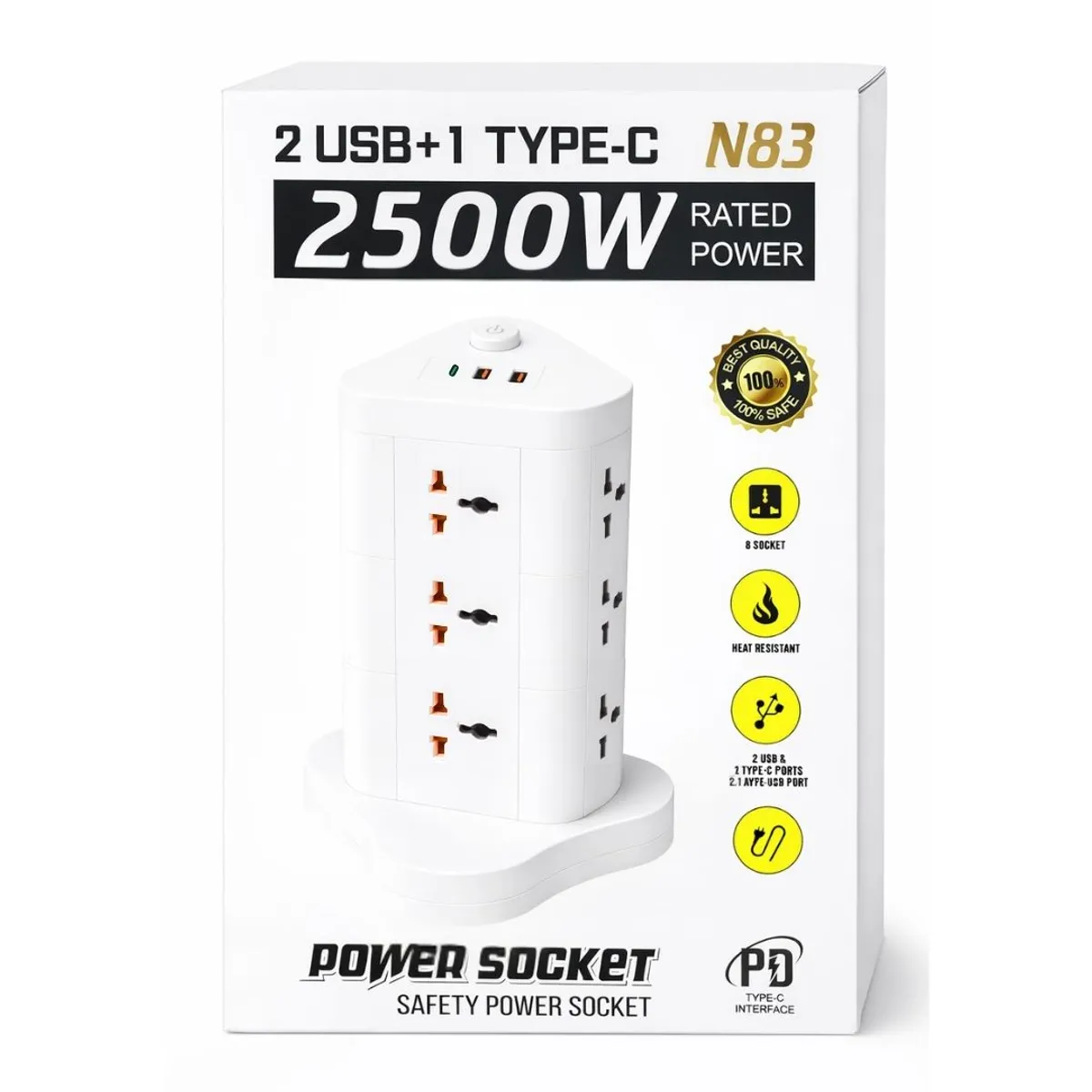 TORRE DE TOMACORRIENTES VERTICAL CON 8 TOMAS, 2 USB Y 1 TIPO C CON INTERRUPTOR DE SEGURIDAD - 2