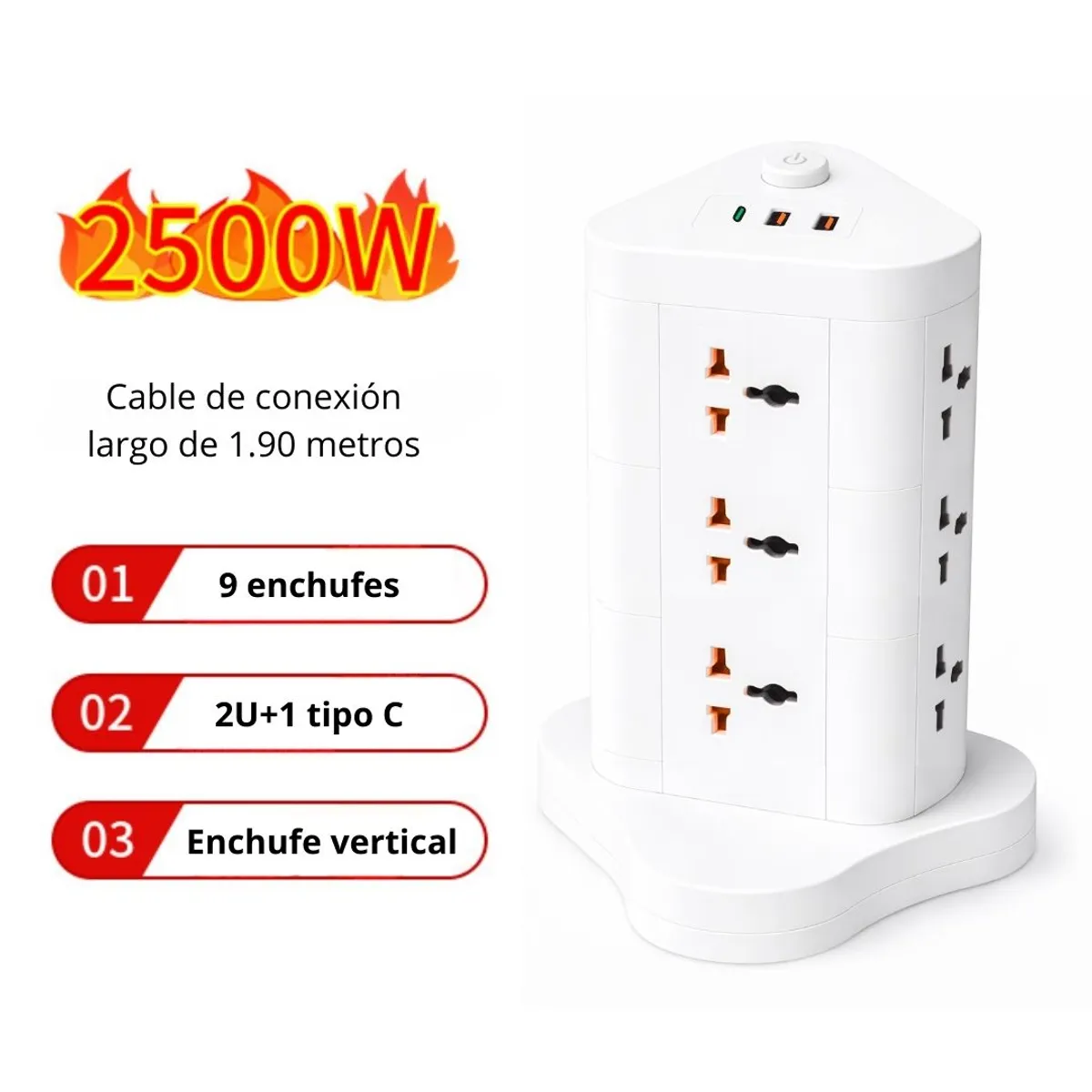 TORRE DE TOMACORRIENTES VERTICAL CON 8 TOMAS, 2 USB Y 1 TIPO C CON INTERRUPTOR DE SEGURIDAD - 3