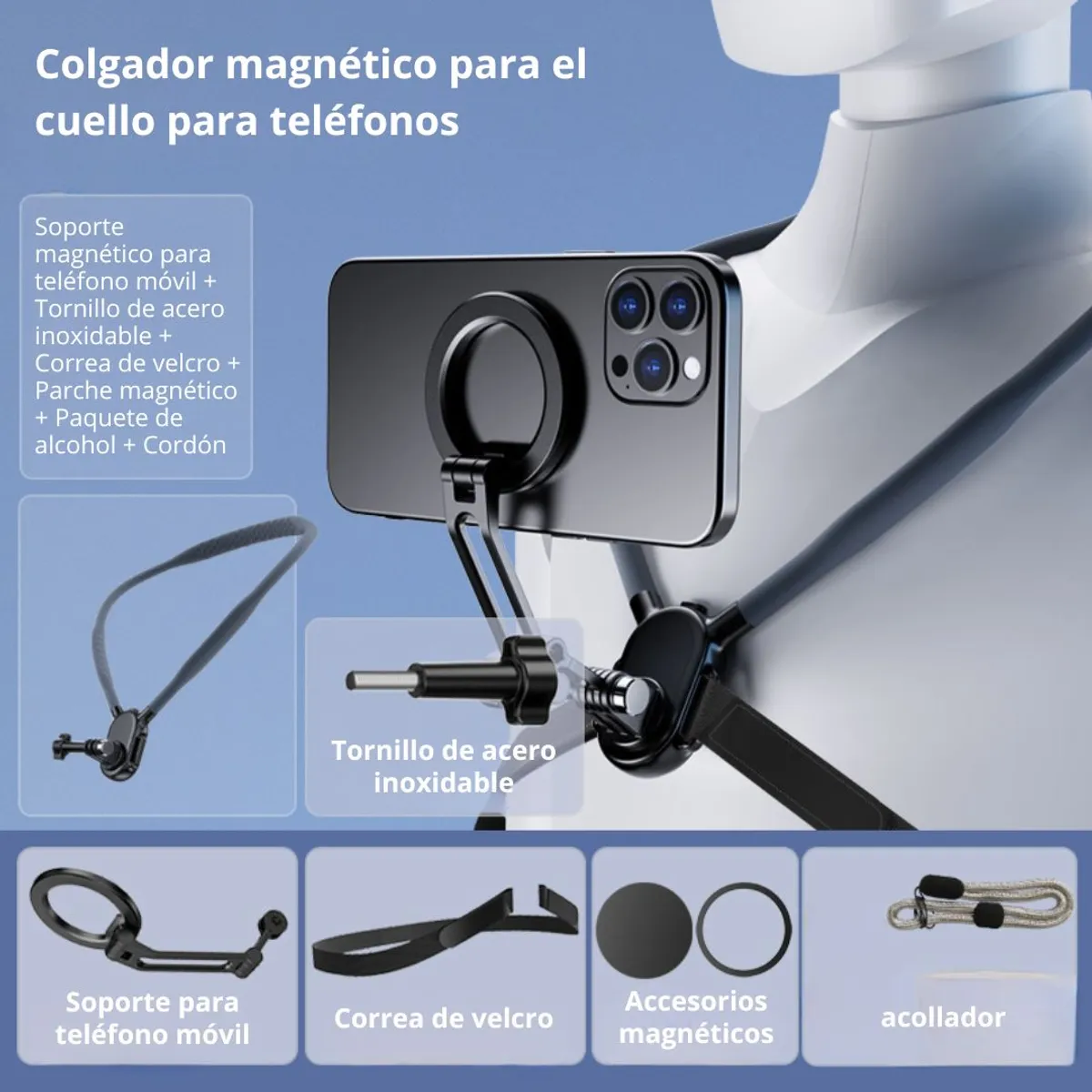 SOPORTE MAGNÉTICO DE CUELLO PARA CELULAR MANOS LIBRES CON ROTACIÓN 360° PARA GRABACIÓN VLOGS Y POV - 7