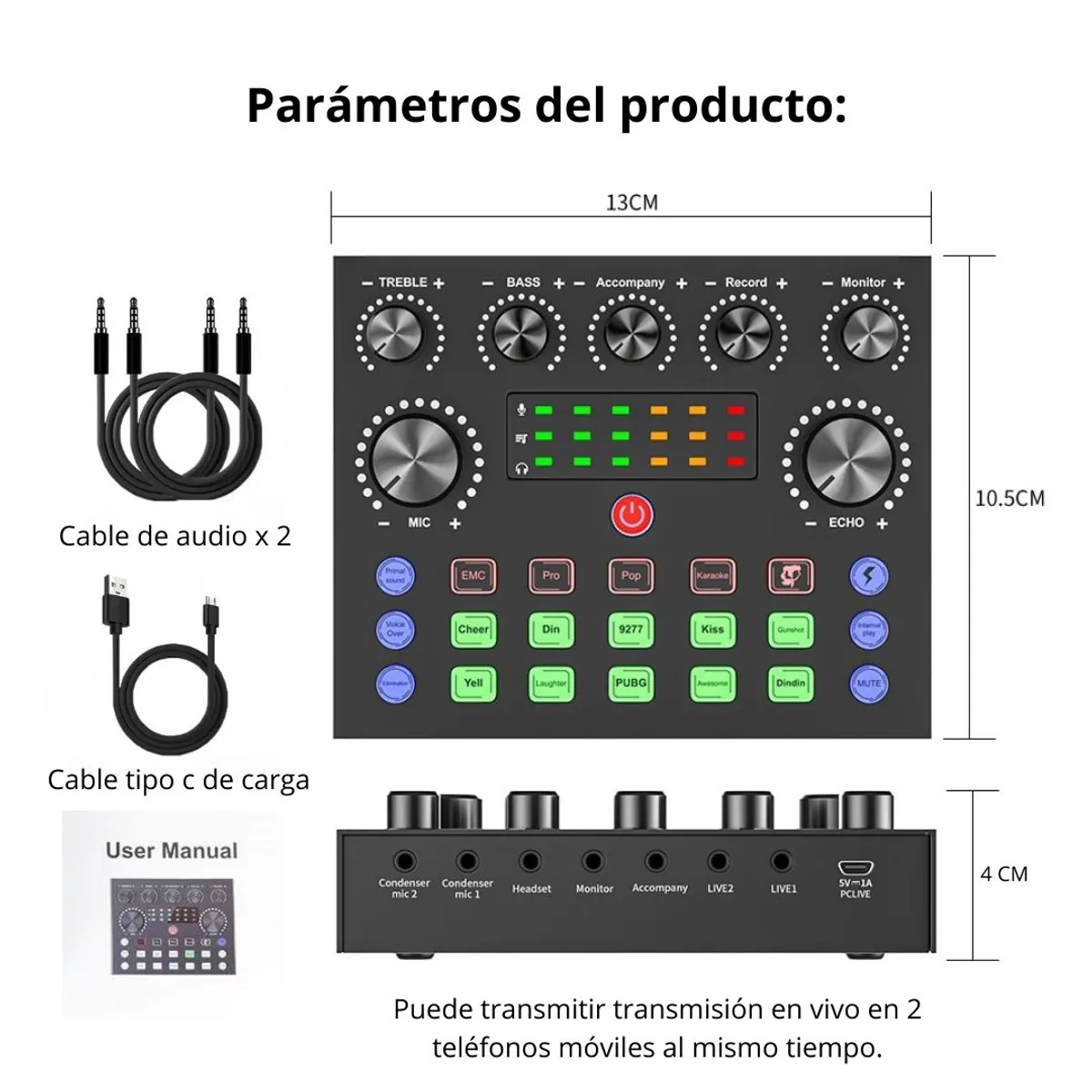 TARJETA DE SONIDO PARA STREAMING Y GRABACIÓN CON EFECTOS BLUETOOTH Y MICRÓFONO PARA CELULAR Y PC - 8