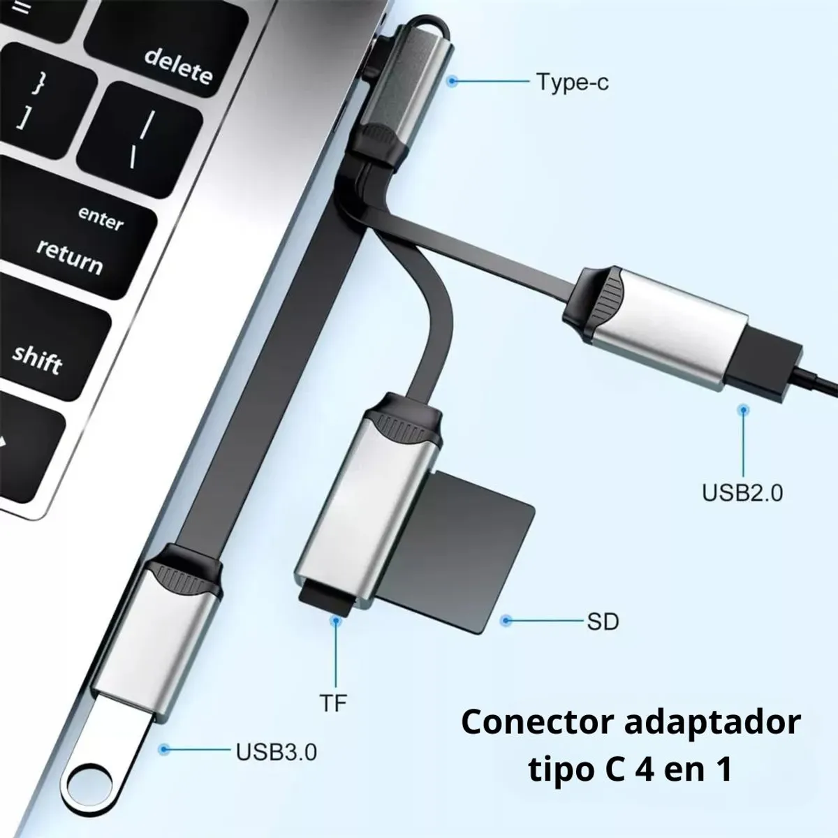 ADAPTADOR HUB USB TIPO C 4 EN 1 CON USB 3.0, USB 2.0 Y LECTOR SD/MICRO SD PARA CELULAR Y LAPTOP - 3