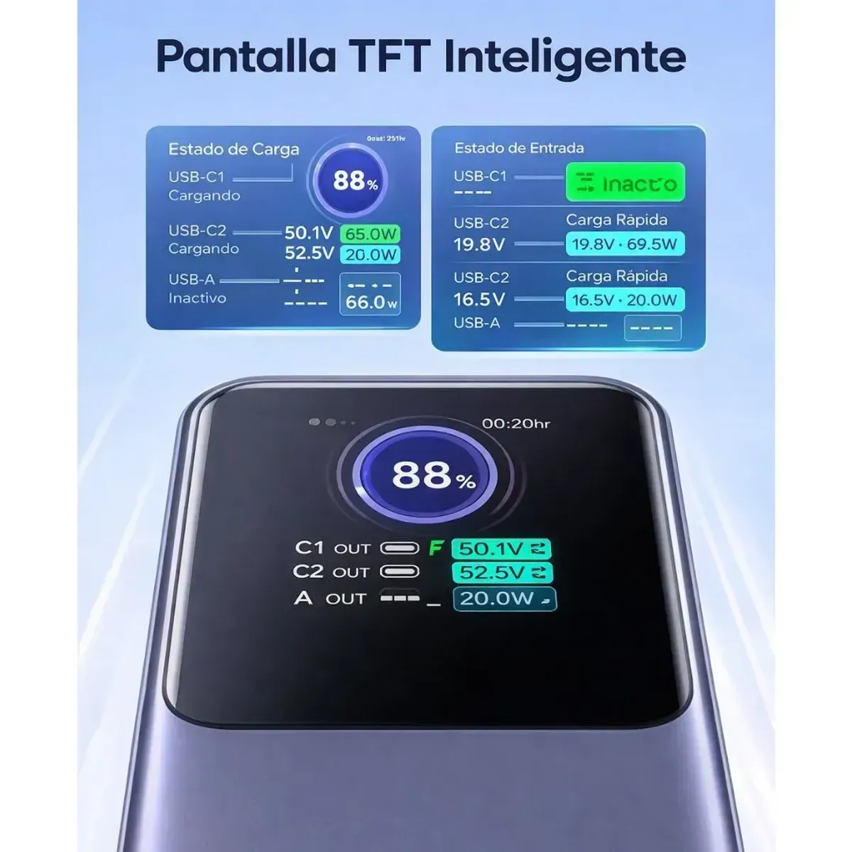 POWER BANK UGREEN NEXODE 20000MAH 100W PD 3.0 CON PANTALLA TFT USB-C PARA LAPTOP Y CELULAR PB721 - 4