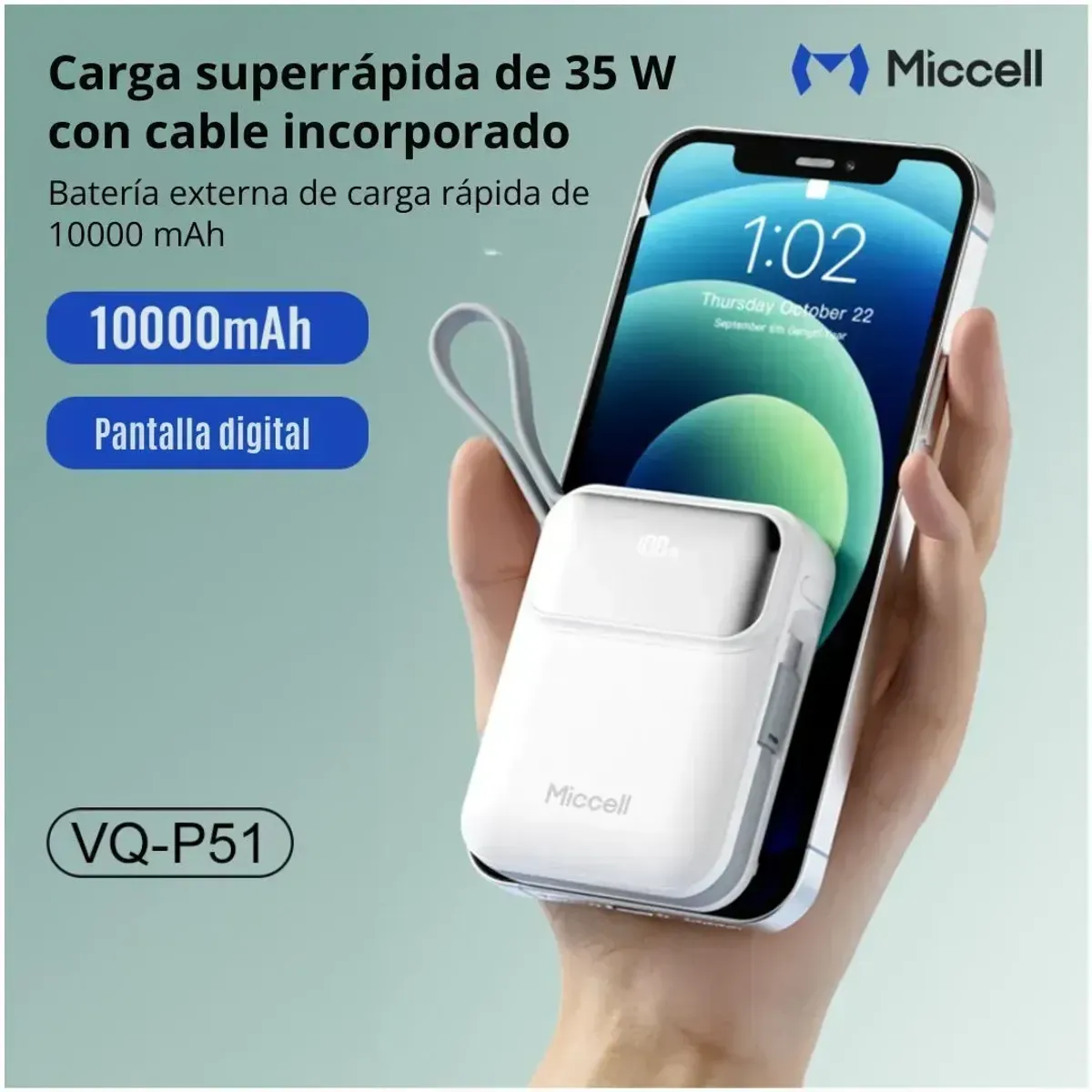 POWER BANK 10000MAH 35W CARGA RÁPIDA CON CABLES INTEGRADOS USB-C LIGHTNING MICCELL VQ-P51 - 3