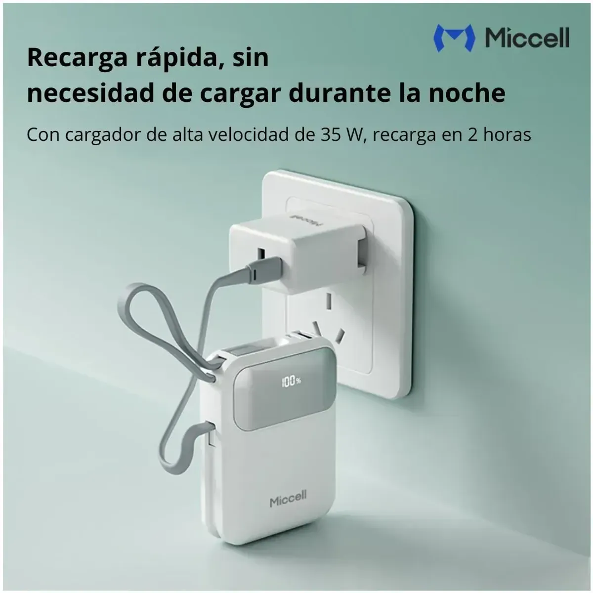 POWER BANK 10000MAH 35W CARGA RÁPIDA CON CABLES INTEGRADOS USB-C LIGHTNING MICCELL VQ-P51 - 5