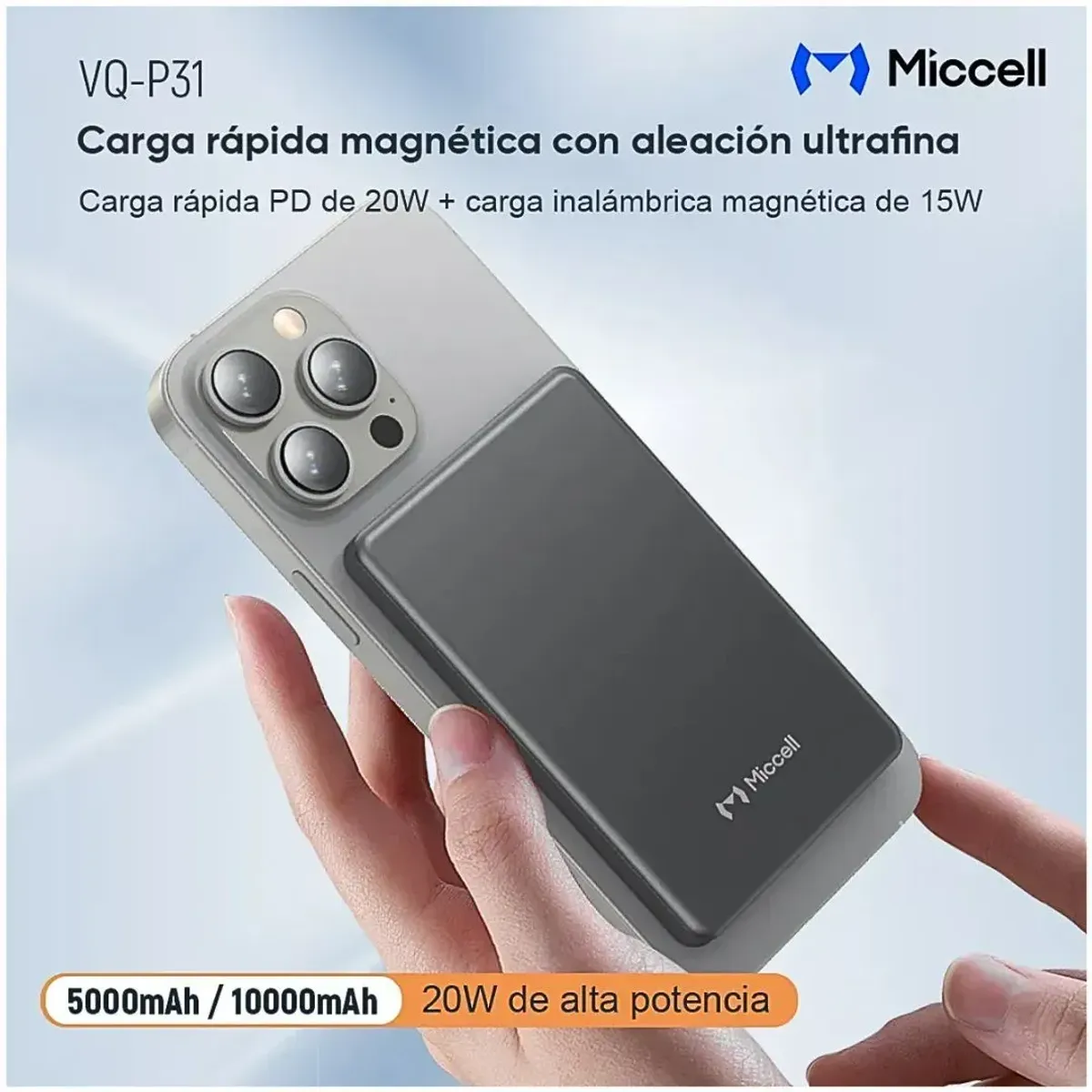 POWER BANK MAGNÉTICO 5000MAH 20W CARGA RÁPIDA INALÁMBRICA 15W USB-C MICCELL VQ-P31 - 2