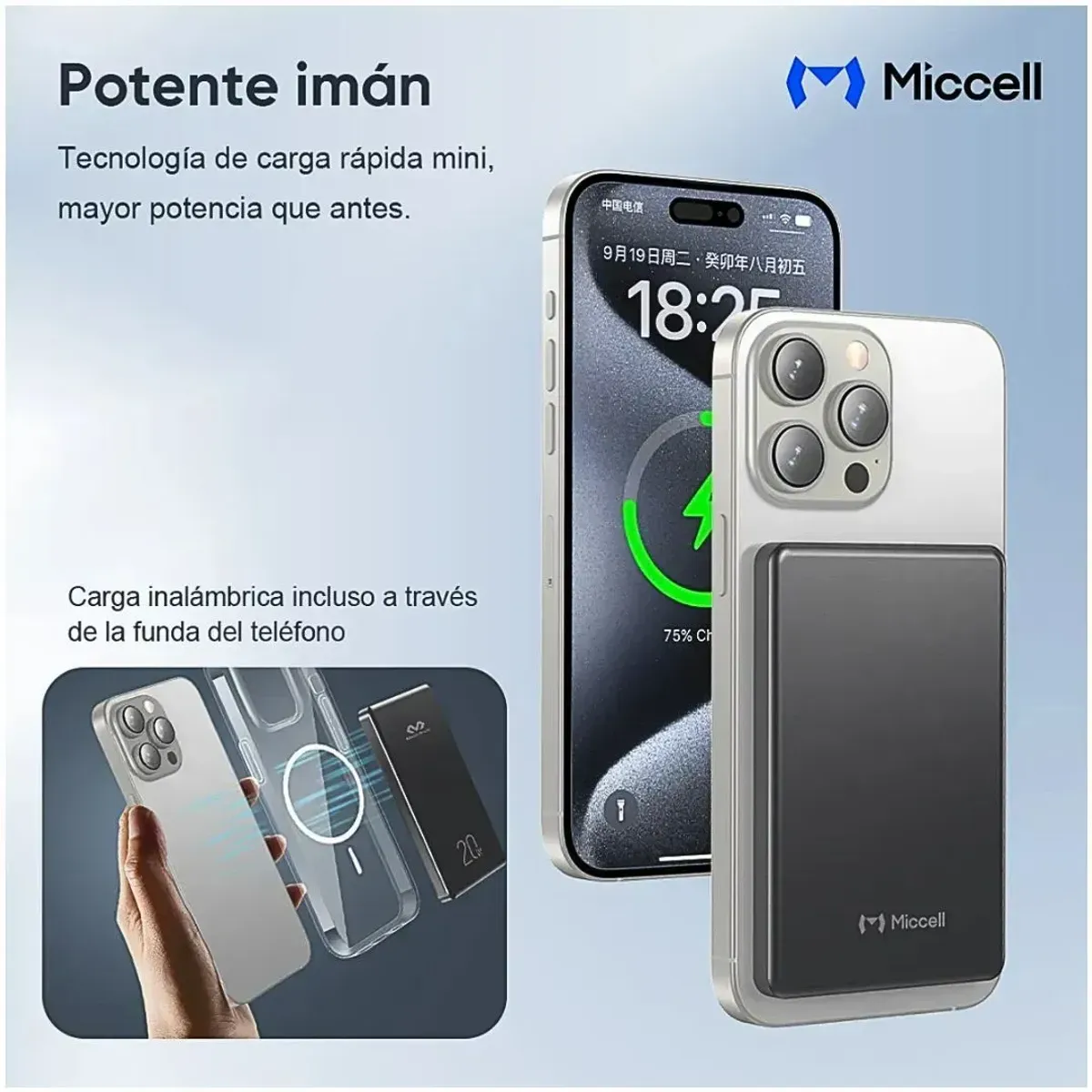 POWER BANK MAGNÉTICO 5000MAH 20W CARGA RÁPIDA INALÁMBRICA 15W USB-C MICCELL VQ-P31 - 3