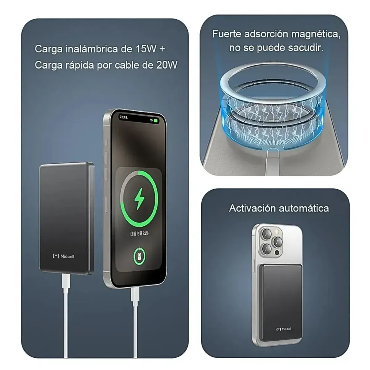 POWER BANK MAGNÉTICO 5000MAH 20W CARGA RÁPIDA INALÁMBRICA 15W USB-C MICCELL VQ-P31 - 5