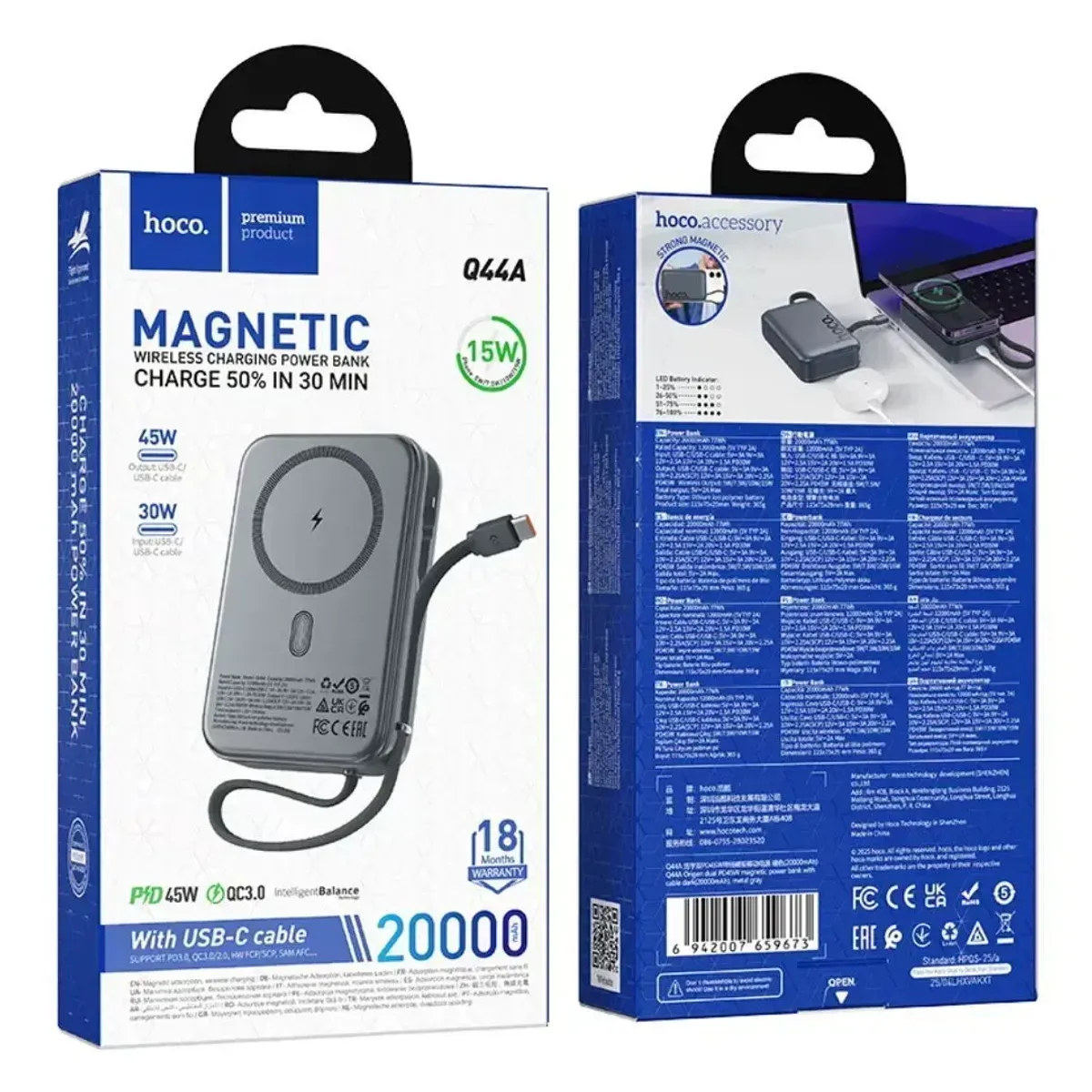 POWER BANK MAGNÉTICO HOCO Q44A 20000MAH PD45W INALÁMBRICO 15W PARA IPHONE SAMSUNG Y LAPTOP - 5