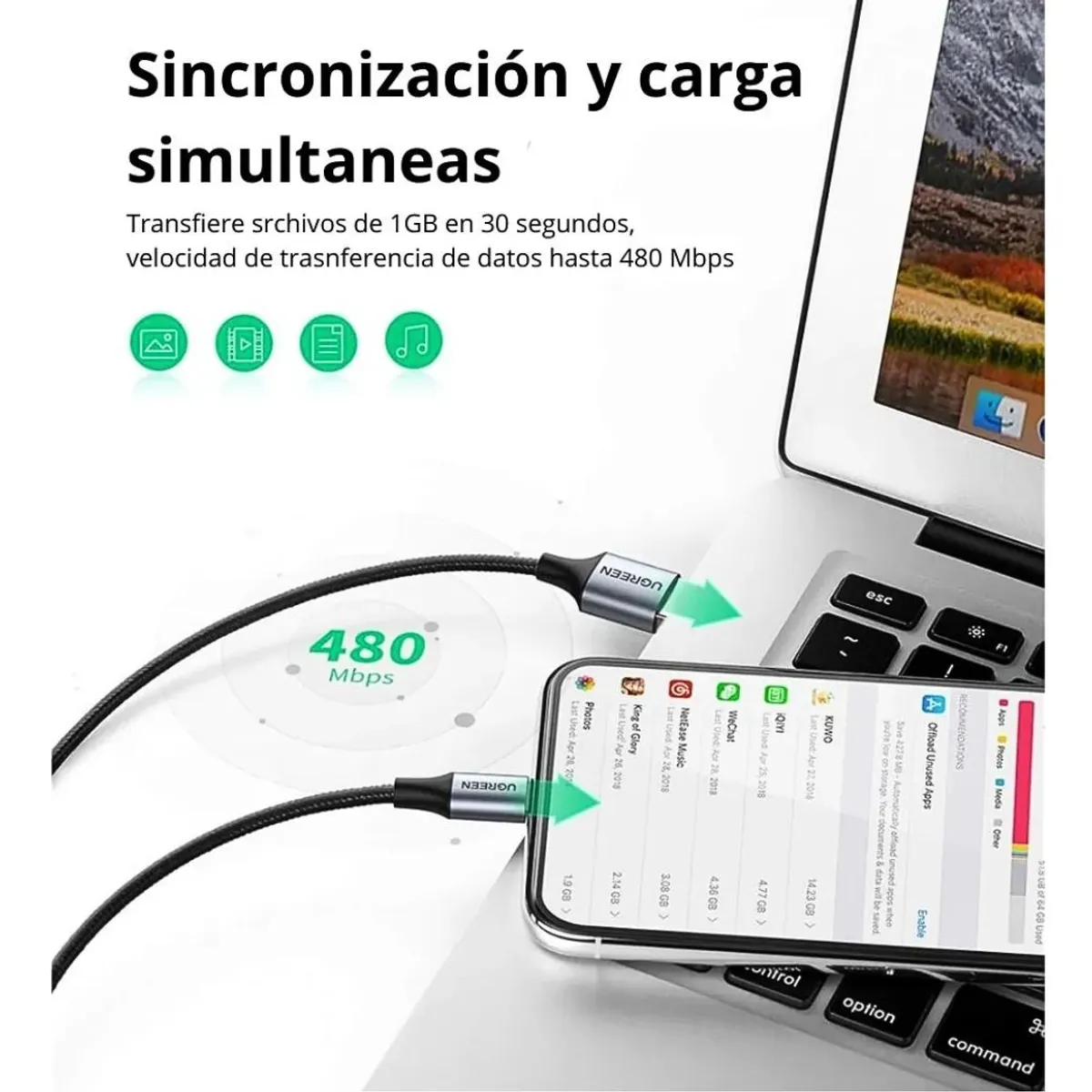 CABLE USB-A A LIGHTNING UGREEN 1 METRO 2.4A MFI CARGA RÁPIDA PARA IPHONE US199 - 5