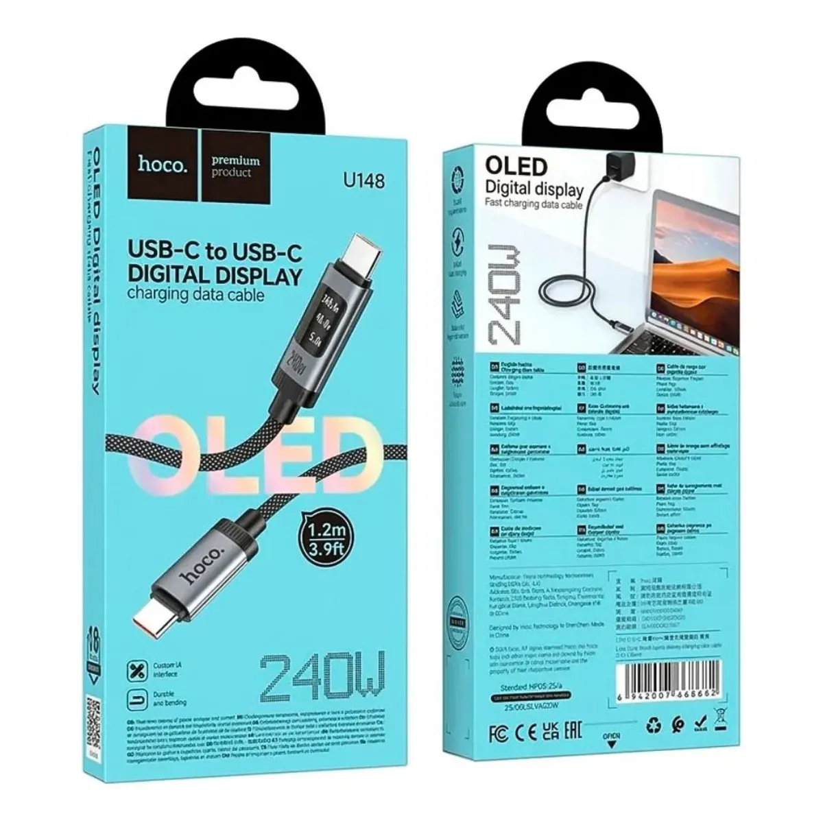 CABLE TIPO C A TIPO C HOCO U148 240W CON PANTALLA DIGITAL OLED Y CARGA RÁPIDA - 3