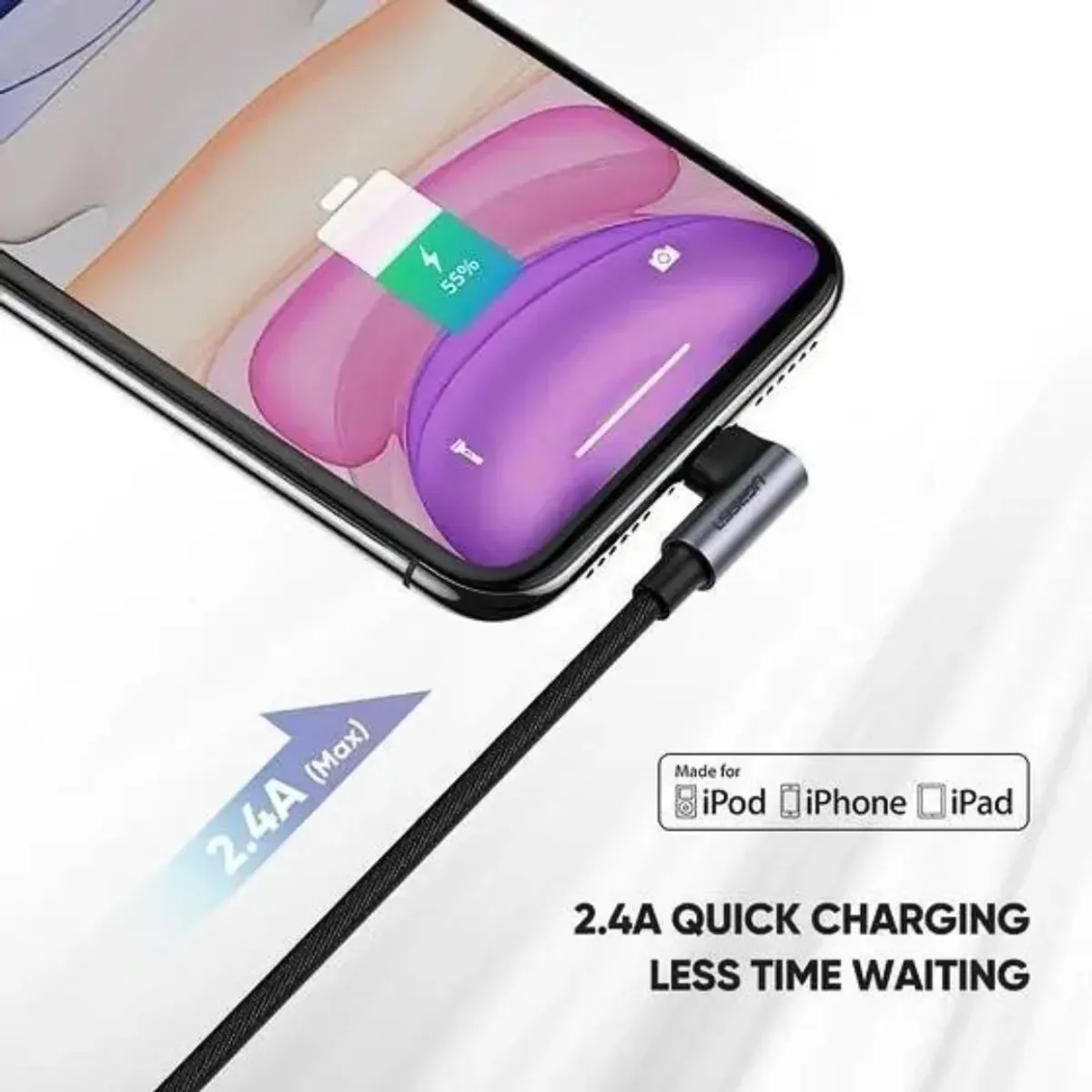 CABLE USB-A A LIGHTNING UGREEN US299 MFI 1M ÁNGULO 90° CARGA 2.4A - 4