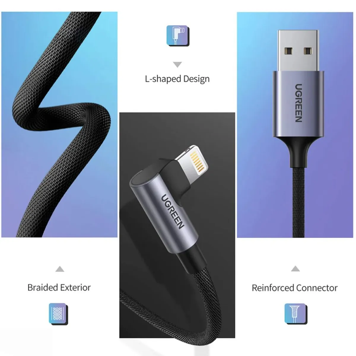 CABLE USB-A A LIGHTNING UGREEN US299 MFI 1M ÁNGULO 90° CARGA 2.4A - 6