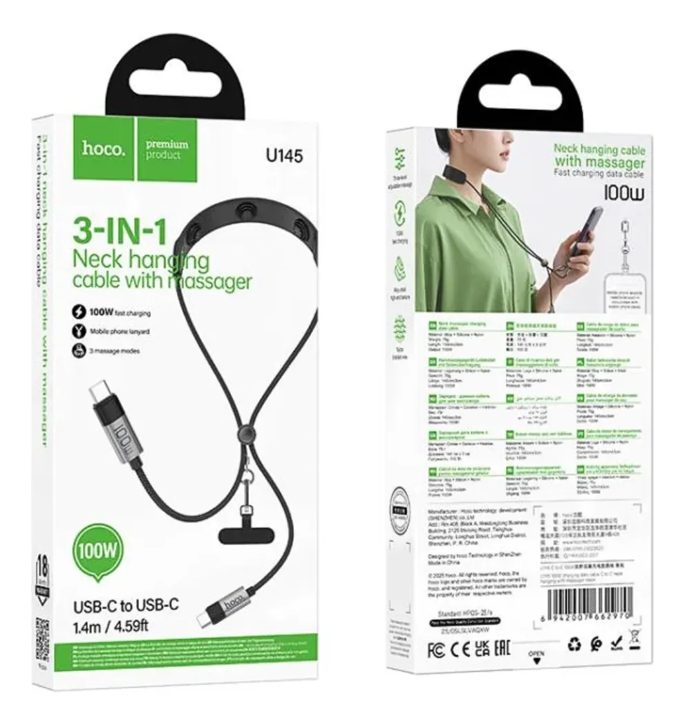 CABLE USB-C A USB-C HOCO U145 100W 1.4M CARGA RÁPIDA CON MASAJEADOR DE CUELLO - 5