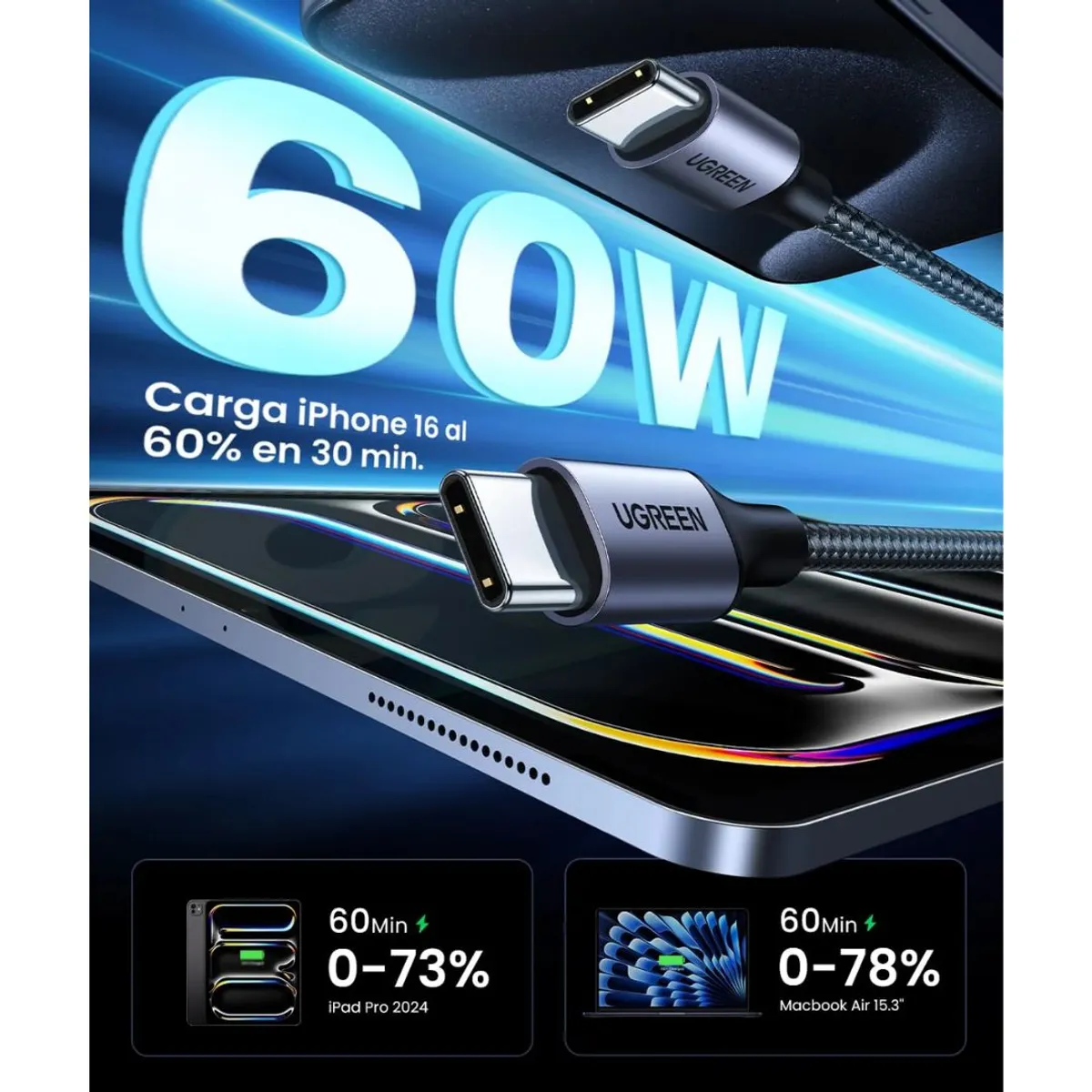 CABLE USB-C A USB-C UGREEN US261 60W 1M CARGA RÁPIDA PD TRENZADO - 4