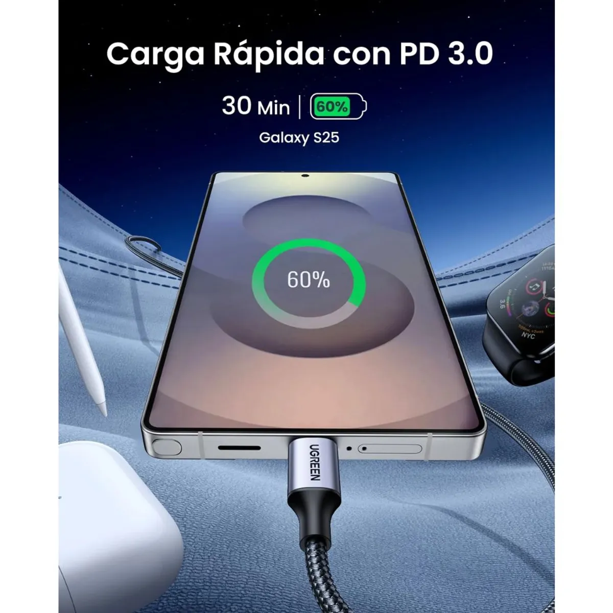 CABLE USB-C A USB-C UGREEN US261 60W 1M CARGA RÁPIDA PD TRENZADO - 6