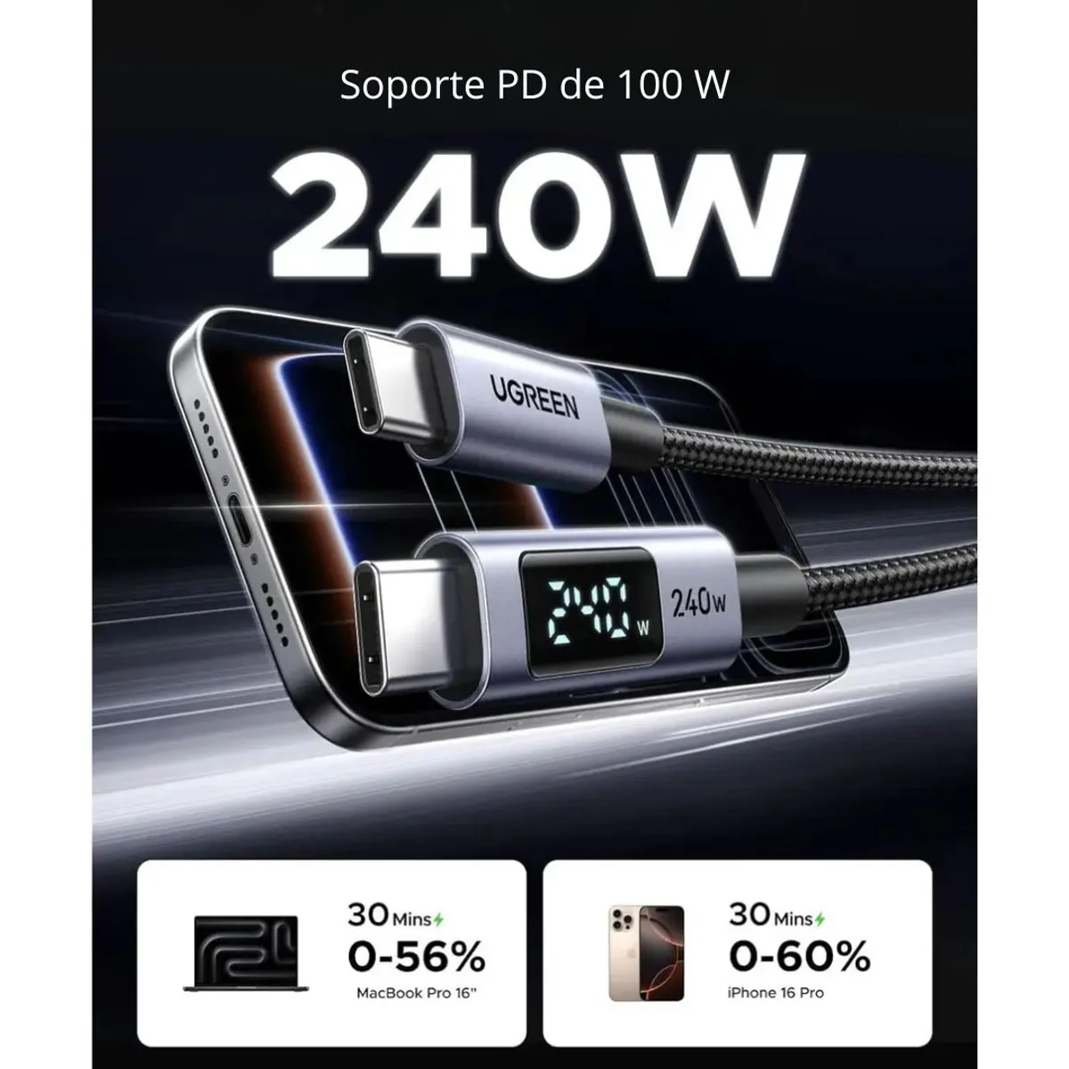 CABLE USB-C A USB-C UGREEN L530 240W 1M PANTALLA DIGITAL CARGA RÁPIDA PD TRENZADO - 6
