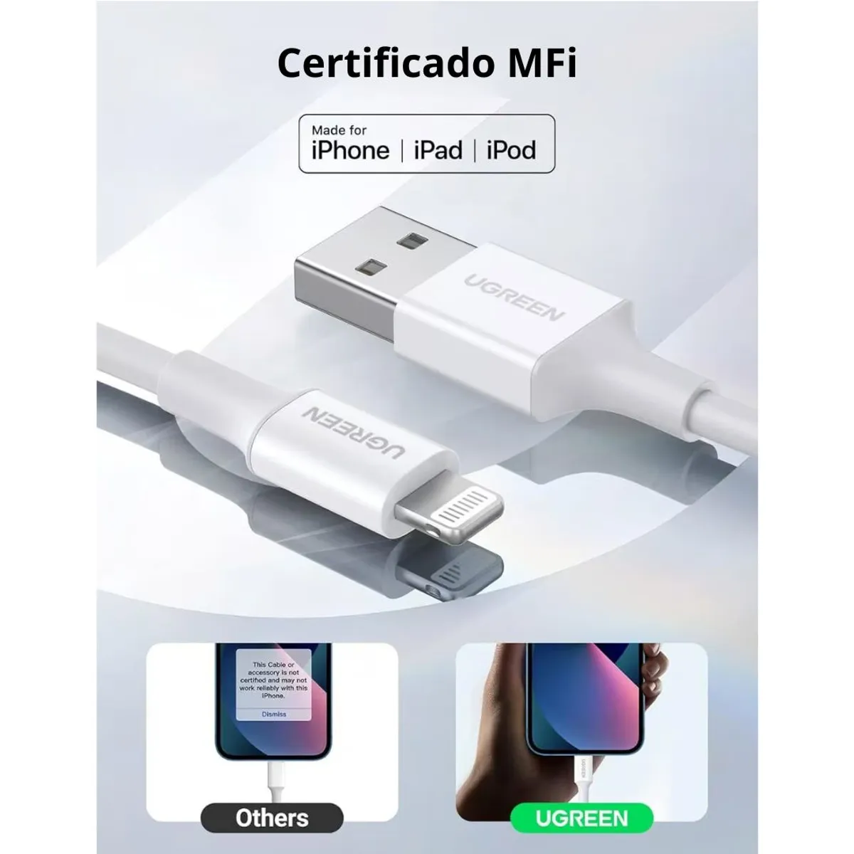 CABLE USB-A A LIGHTNING UGREEN US155 1M MFI 2.4A PARA IPHONE Y IPAD - 3