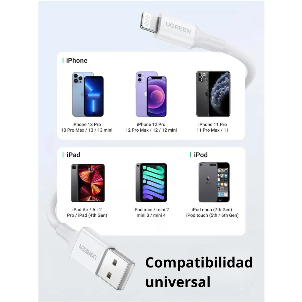 CABLE USB-A A LIGHTNING UGREEN US155 1M MFI 2.4A PARA IPHONE Y IPAD - 6
