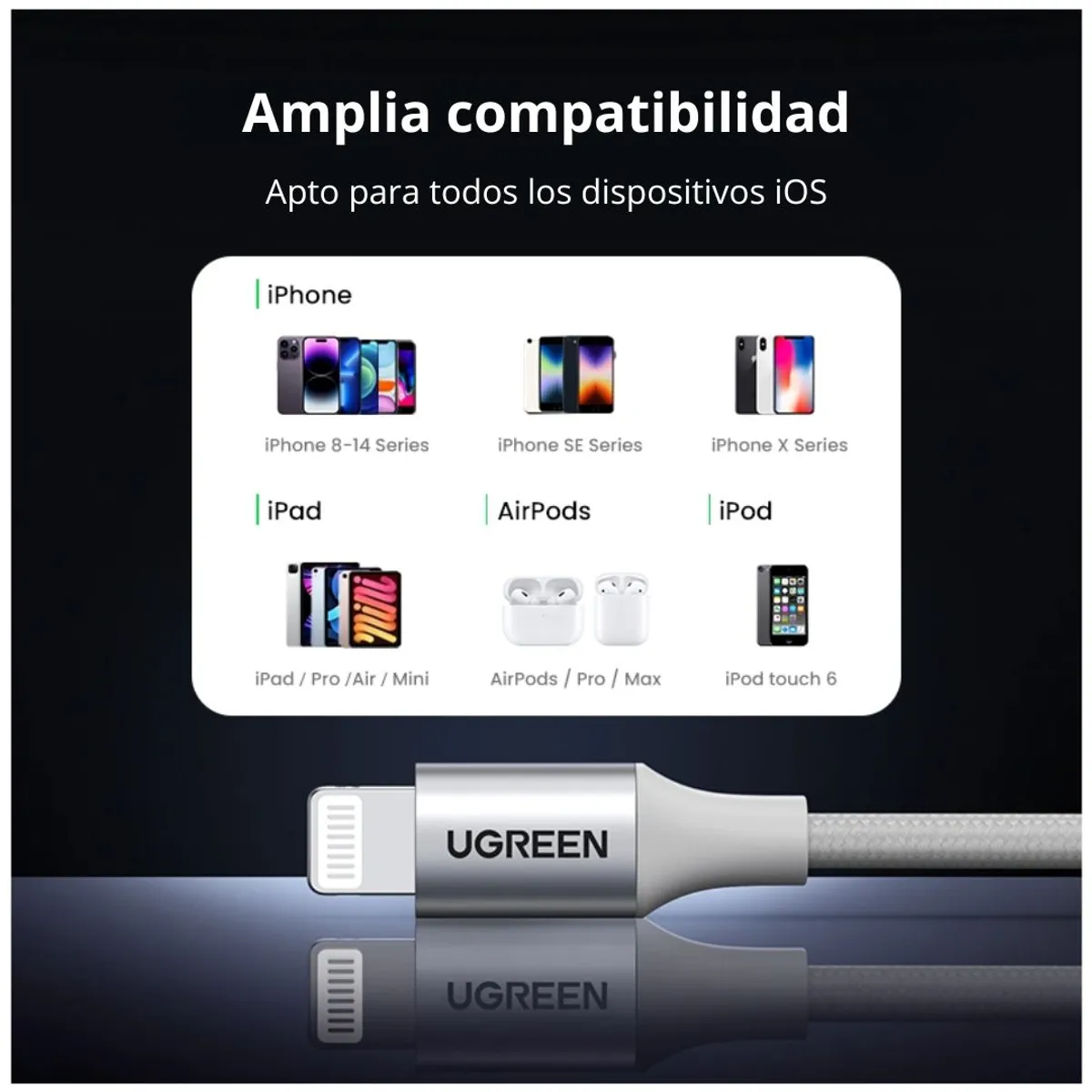 CABLE USB-A A LIGHTNING UGREEN US199 1M MFI 2.4A TRENZADO 2.4A PARA IPHONE Y IPAD - 4