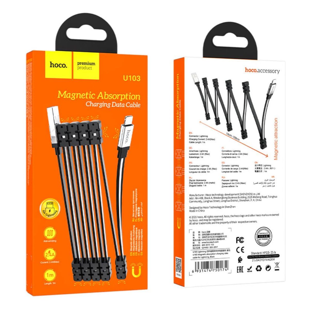CABLE USB-A A LIGHTNING HOCO U103 PARA IPHONE 2.4A 1M MAGNÉTICO ANTIENREDOS - 2