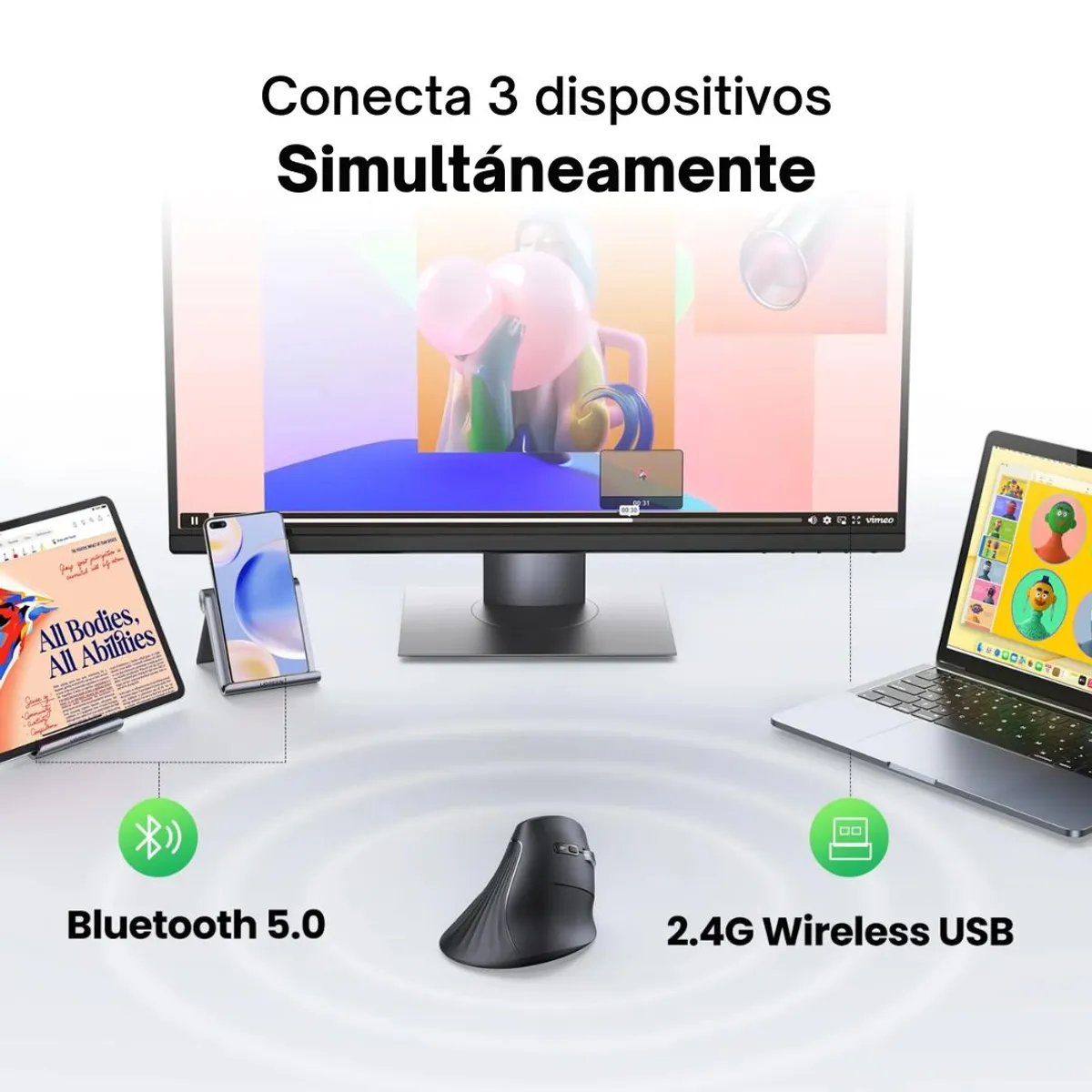 MOUSE VERTICAL ERGONÓMICO UGREEN MU008 BLUETOOTH 4000 DPI INALÁMBRICO PARA LAPTOP Y PC - 4