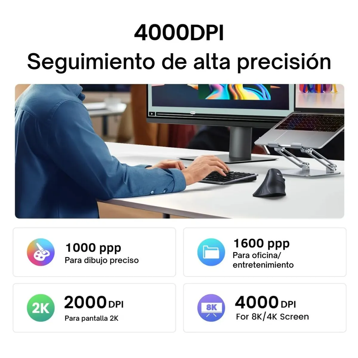 MOUSE VERTICAL ERGONÓMICO UGREEN MU008 BLUETOOTH 4000 DPI INALÁMBRICO PARA LAPTOP Y PC - 6