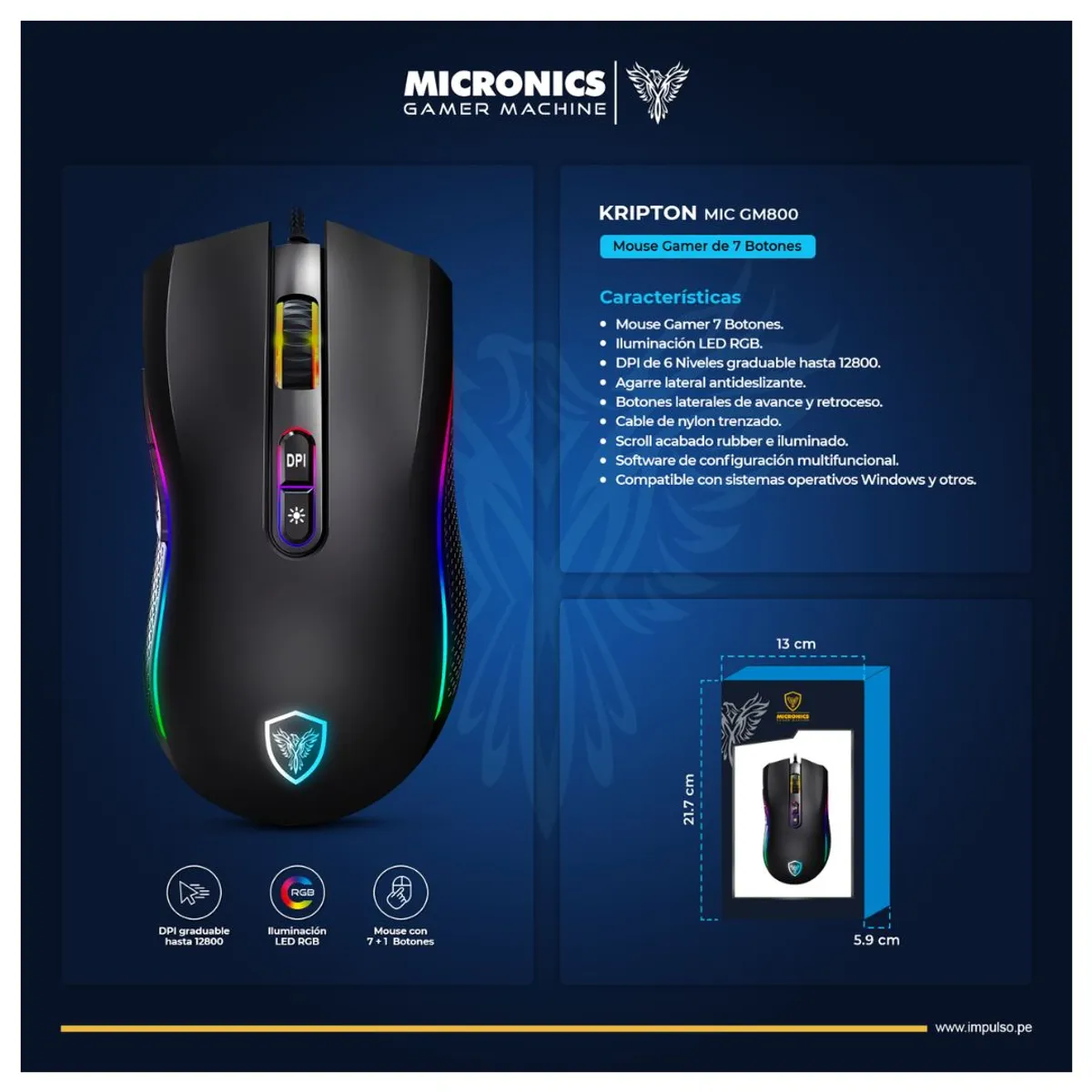 MOUSE GAMER CABLEADO MICRONICS KRIPTON MIC GM800 RGB 12800 DPI 7 BOTONES - 3